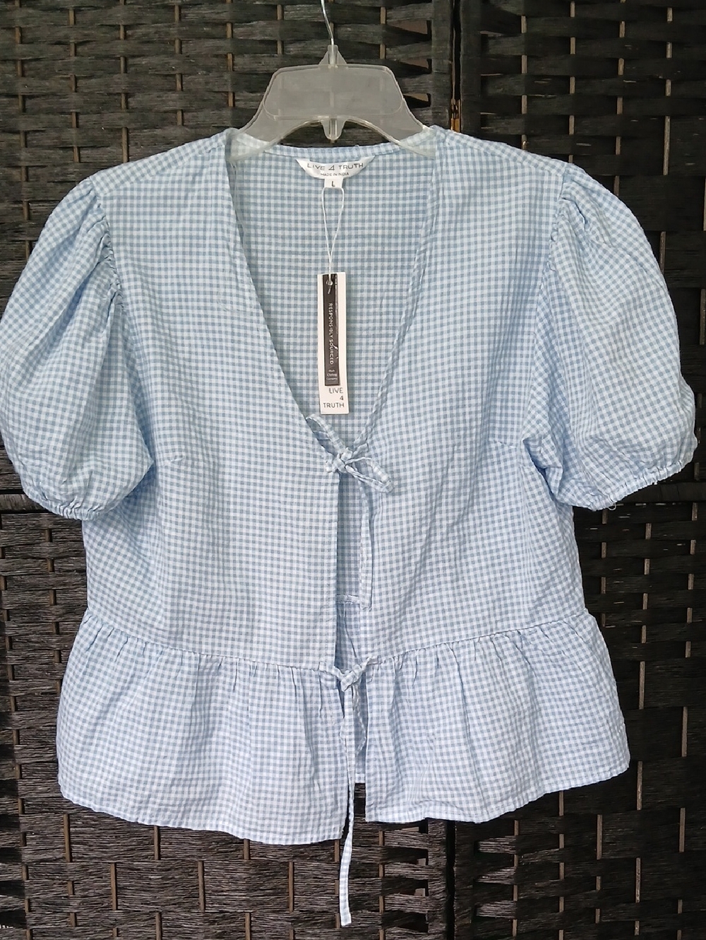 NWT Live 4 Truth Light Blue Gingham Tie-Front Peplum Blouse Puff Sleeve Wms Sz L